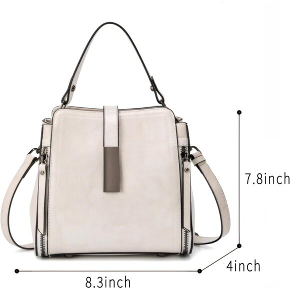 Leather Women's Satchel Bag 8.3x7.8x4 inches White Zipper - Picture 4 of 5